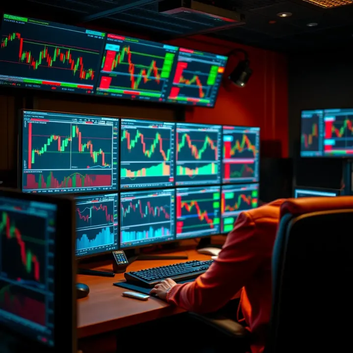 Workspace with multiple monitors displaying forex charts and trading strategies