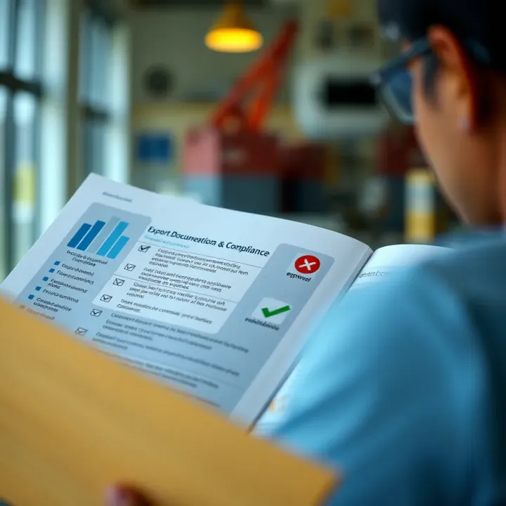 Diagram showing documentation and compliance requirements for exporting from India with checklist elements and regulatory symbols