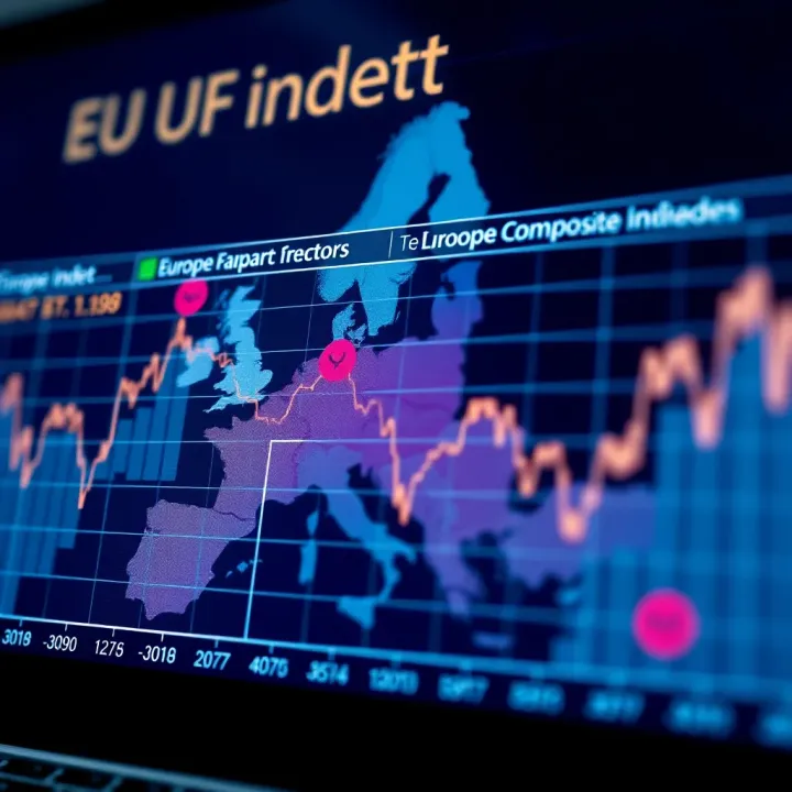 Graph illustrating key economic factors influencing the Europe Composite Index with icons representing market sectors and economic indicators