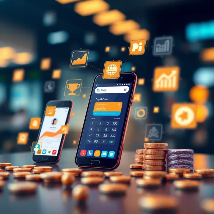 Conceptual illustration of digital payment solutions with mobile devices and financial icons