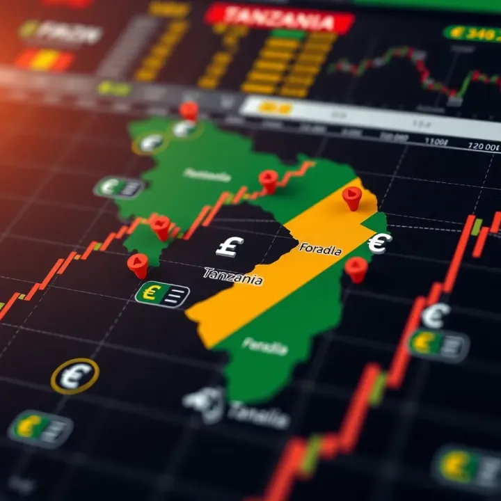 Map of Tanzania highlighting forex trading zones with regulatory symbols and currency exchange icons