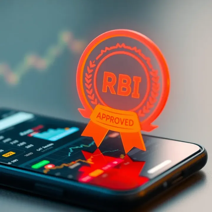 Conceptual graphic showing regulatory approval symbol hovering over a mobile trading platform