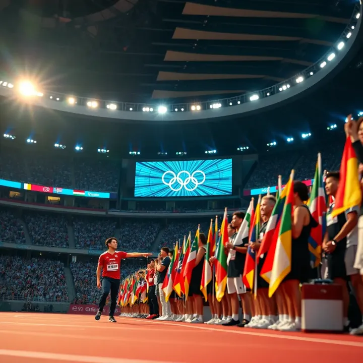 Modern Olympic Games opening ceremony with international athletes and vibrant flags