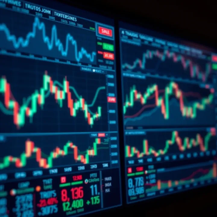 Illustration of various financial market charts showing price trends and trading volumes