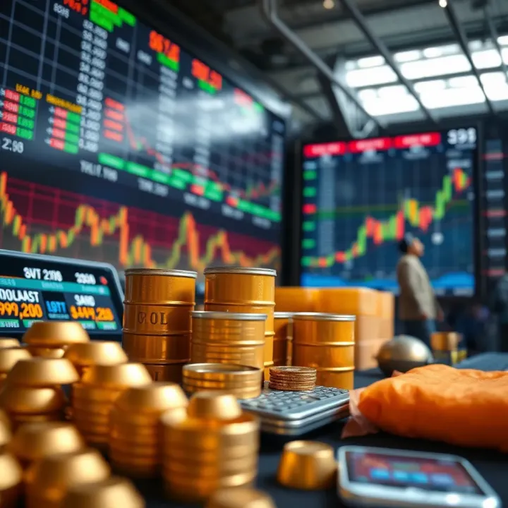Visual representation of a commodities market with icons of gold, oil barrels, and agricultural products trading