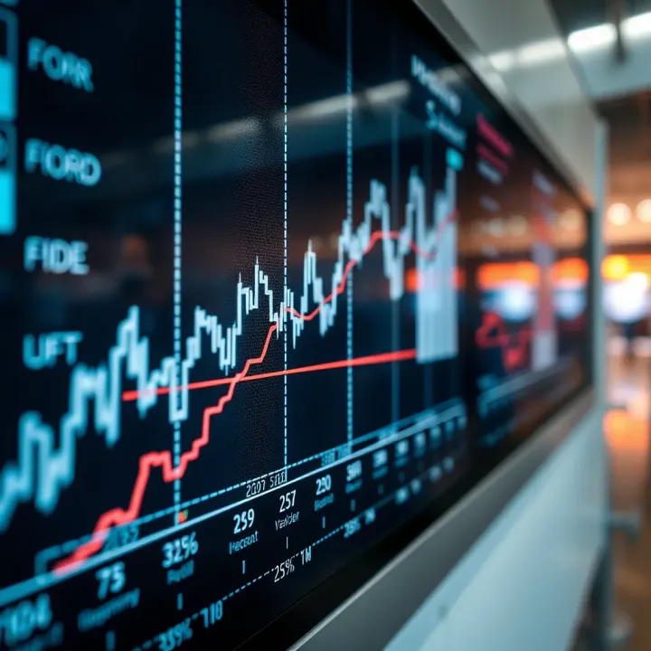 Graph showing stock market trends with arrows indicating price movements and stock symbols