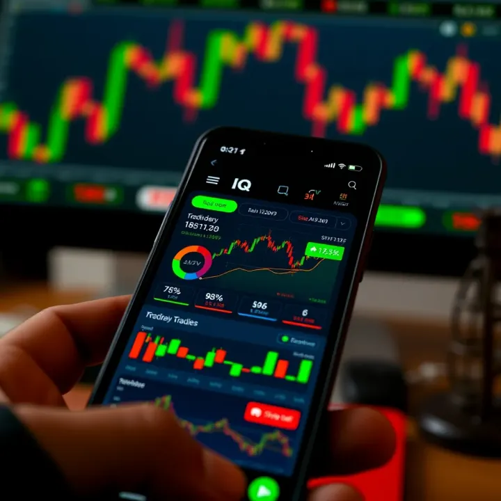 Mobile screen displaying the IQ Option app interface with various trading graphs and financial instruments
