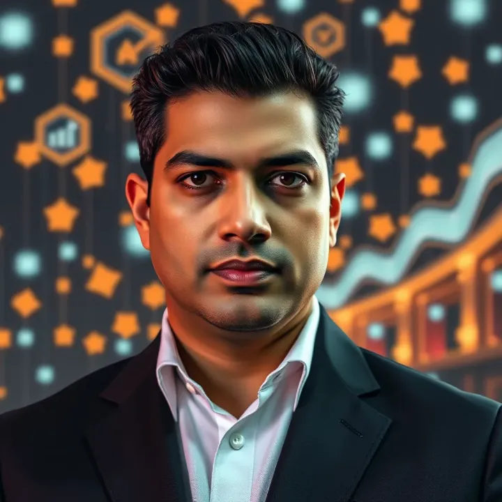 Portrait of Nikesh Arora with a backdrop of digital technology symbols representing his influence in the tech industry