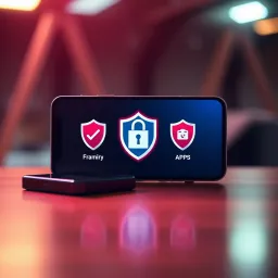 Graphic depicting a secure mobile device with icons of trustworthy trading apps and safety shields