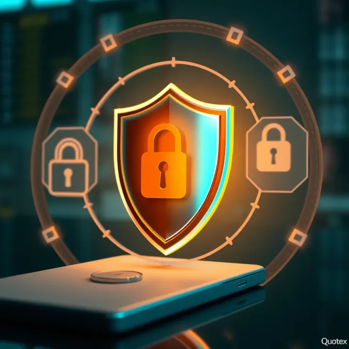 Secure login concept featuring shield and lock icons representing account protection on Quotex platform