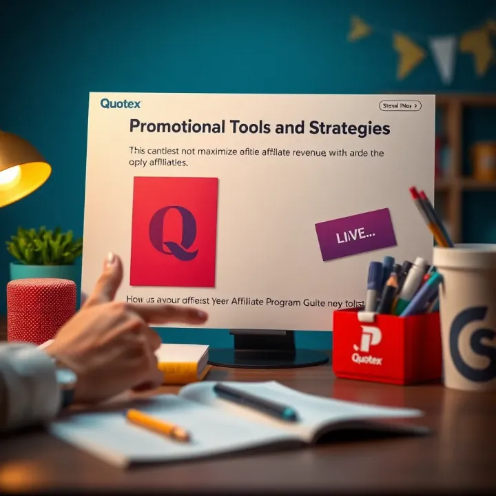 Visual guide displaying promotional tools and strategies for maximizing affiliate revenue with Quotex