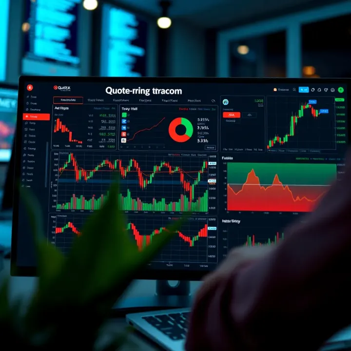 User interface of Quotex.com trading platform showing various trading charts and tools
