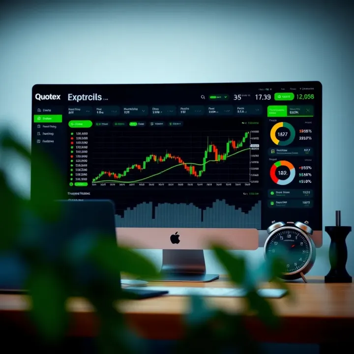 User interface showing Quotex trading platform dashboard with charts and analytics