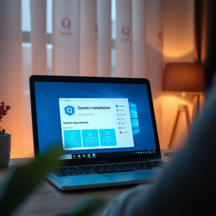 Laptop displaying Quotex installation on screen with system requirement icons