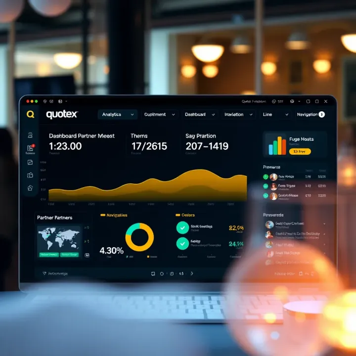 Dashboard overview of Quotex partner account showing analytics, rewards, and navigation options
