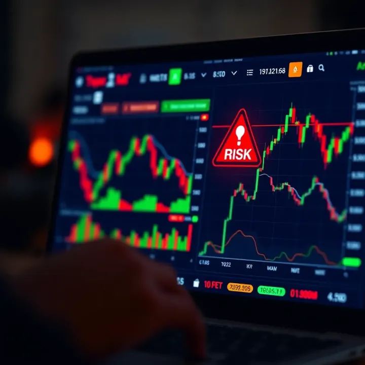 Conceptual graphic of an online trading interface with charts and an alert symbol indicating risk awareness