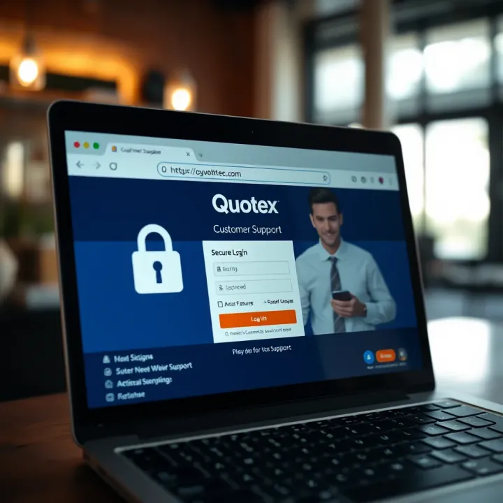 Secure login page of Quotex website highlighting security features and customer support access