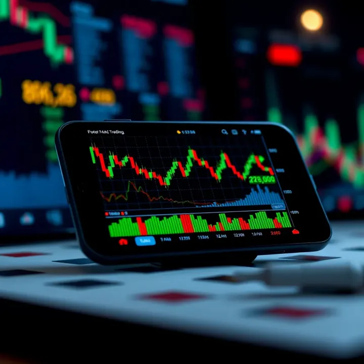 Mobile device displaying a forex trading platform with currency exchange charts and graphs