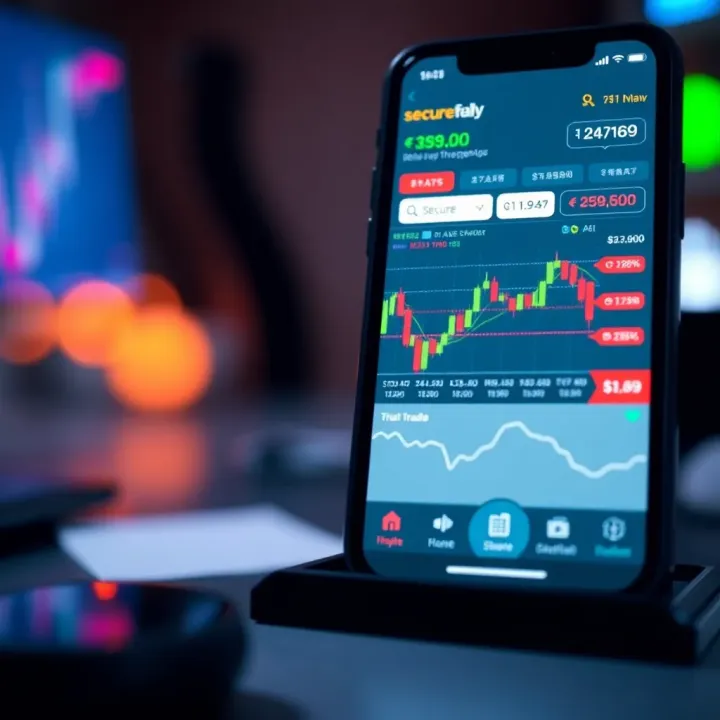 Mobile phone displaying a secure trading application interface with stock charts and financial data