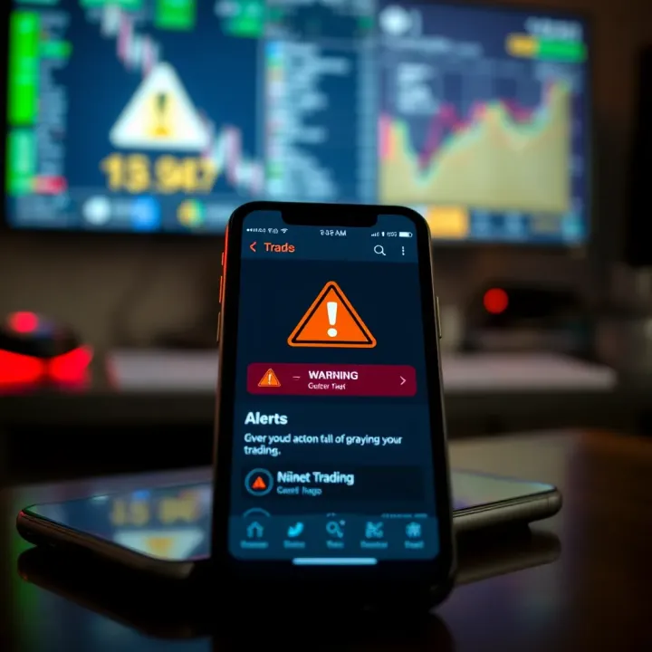 Mobile phone displaying a fraudulent trading application interface with warning symbols