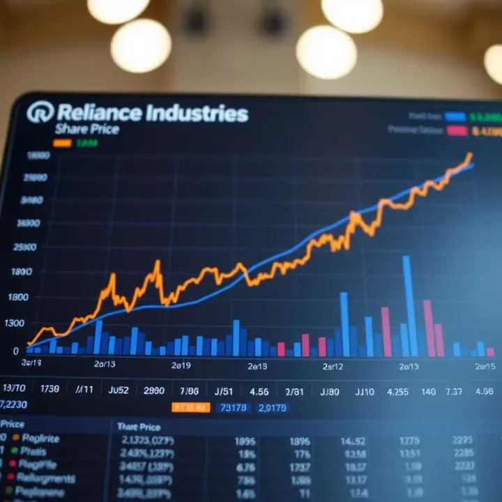 Reliance Industries Share Price and Financial Metrics Overview Chart showing the upward trend of Reliance Industries' stock price over time with key financial metrics