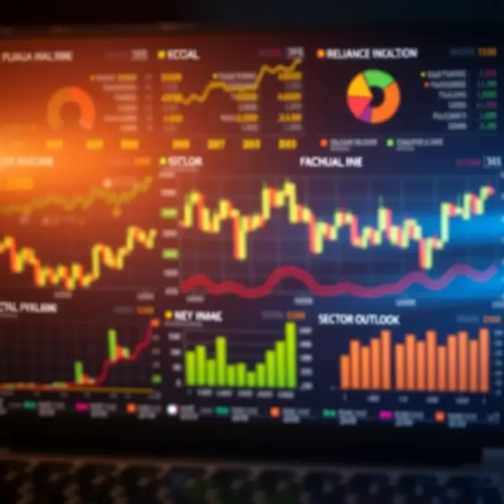 Collage of financial charts, economic indicators, and sector outlook representing factors impacting Reliance Industries' stock valuation
