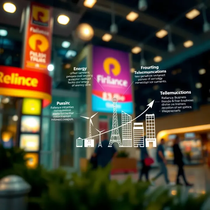Illustration showing strategic business initiatives including energy, telecommunications, and retail sectors driving Reliance Industries' market expansion