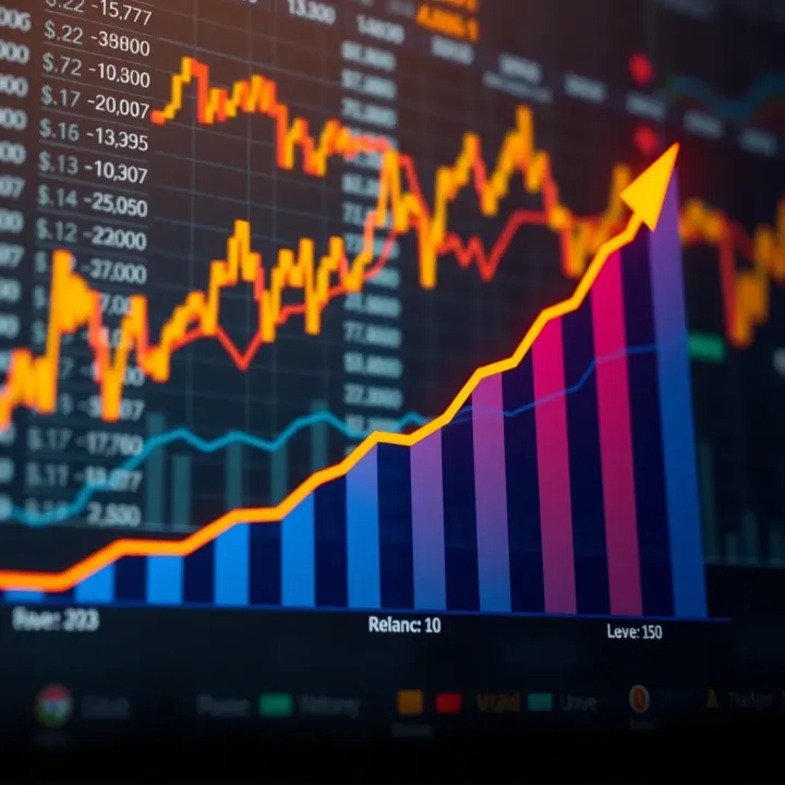 Projected Growth Trends for Reliance Share Price Graph showing upward trend in a company's stock price against a backdrop of financial charts
