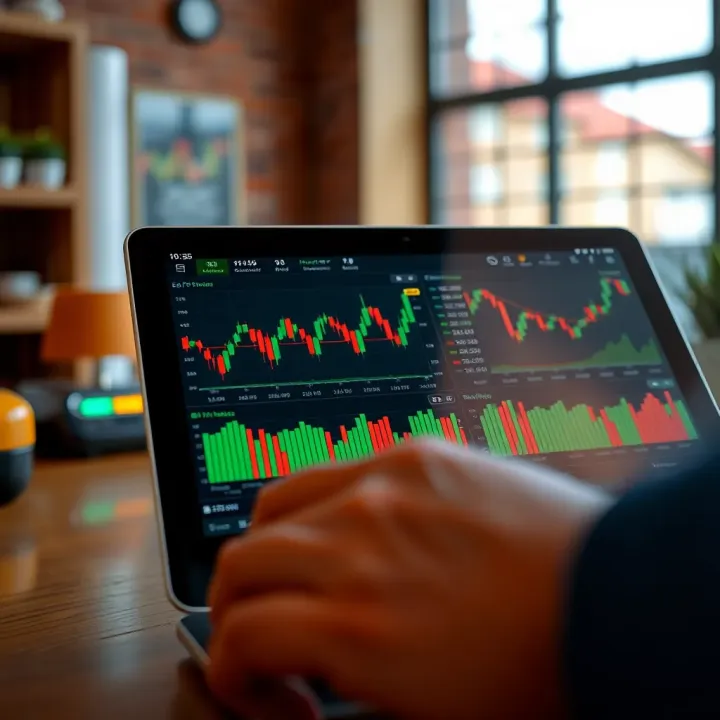 Close-up of a tablet screen illustrating real-time financial data and trading indicators