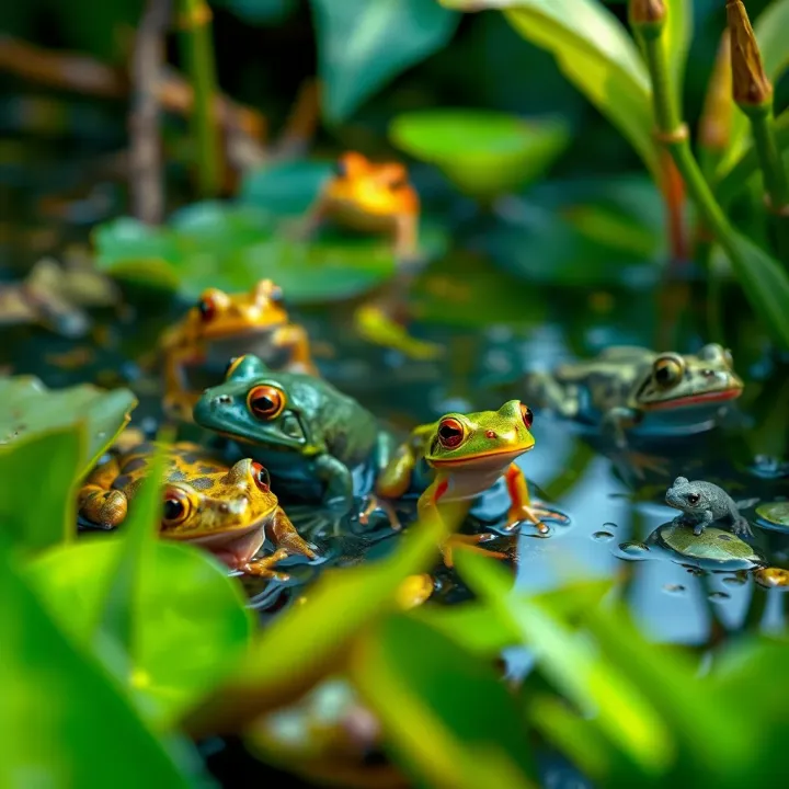 Colorful amphibians including frogs and salamanders in a lush wetland habitat