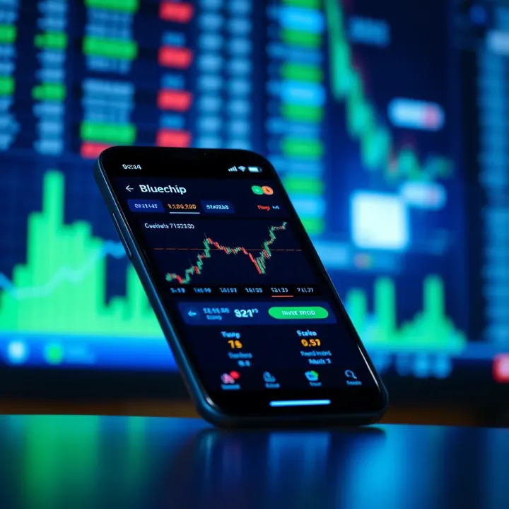 Bluechip APK Interface Showcasing Stock Market Tools Mobile screen displaying Bluechip APK interface with stock market charts and investment tools