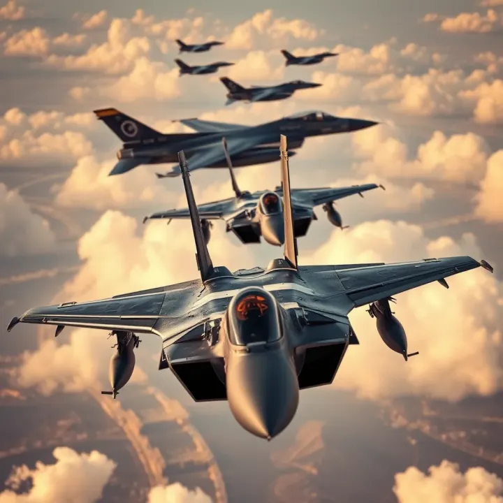 Advanced fighter jets and military aircraft flying in formation representing defense aviation competitors