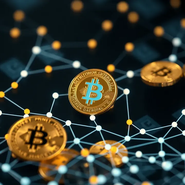 Digital representation of cryptocurrency tokens with interconnected network lines symbolizing blockchain technology