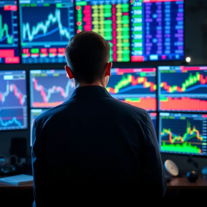Graphic depicting a trader analyzing vibrant graphs on multiple screens symbolizing strategy practice without financial risk
