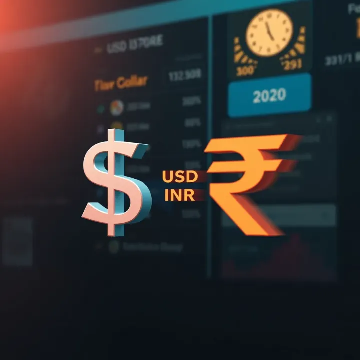 Graphic showing the US dollar symbol transforming into Indian rupee symbol with exchange rate indicators