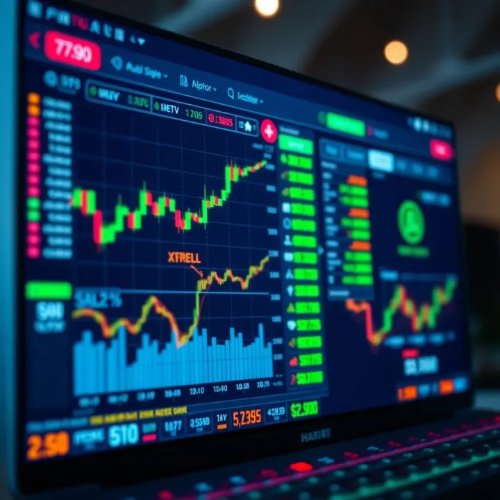 Digital interface displaying virtual stock market charts and trading options