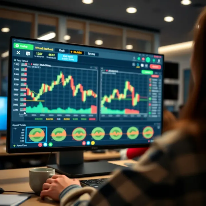Virtual trading platform interface displaying graphs and asset options for practice trading