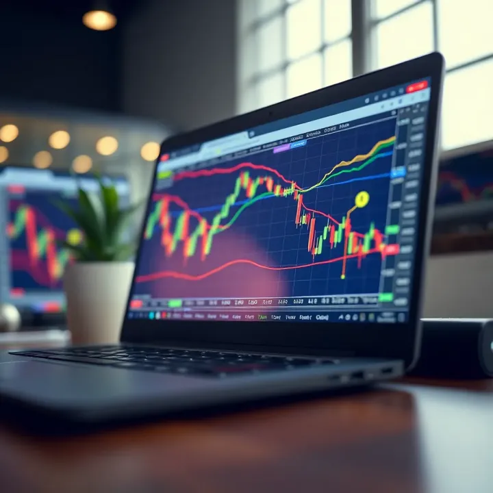 Illustration of a laptop displaying a forex trading platform with currency pairs