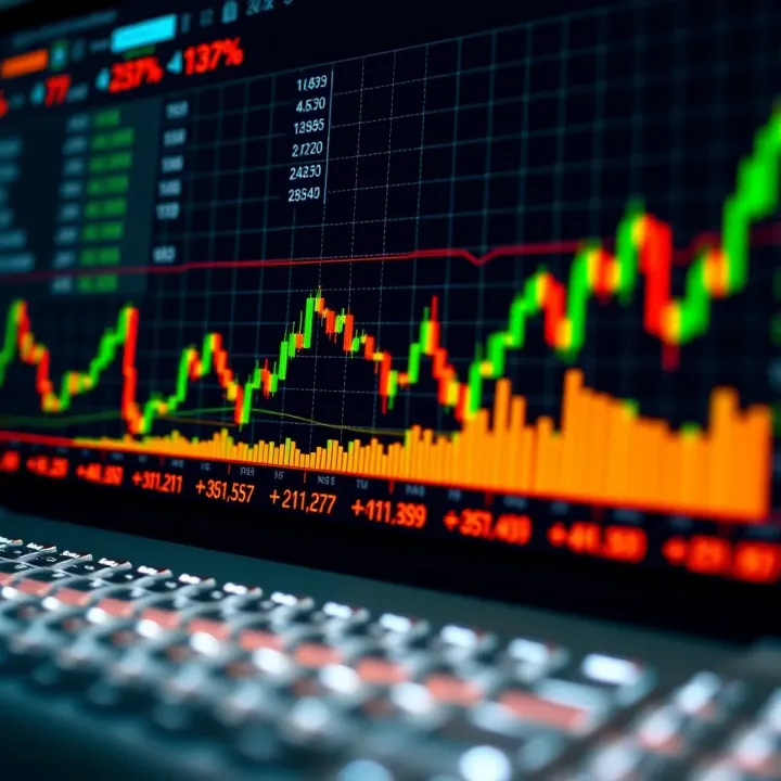 Graph showing simulated forex trades with rising and falling currency values on a digital platform