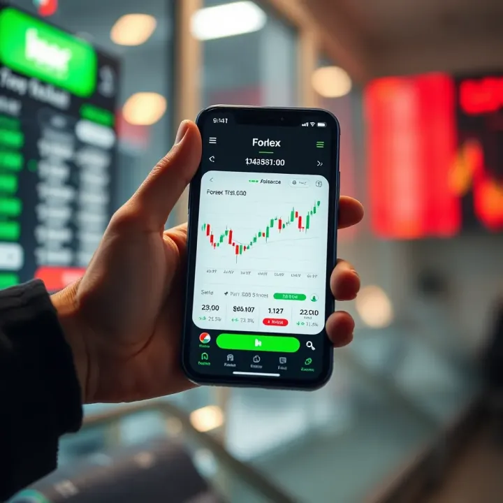 Mobile device displaying a forex trading demo app interface with currency charts and virtual balance