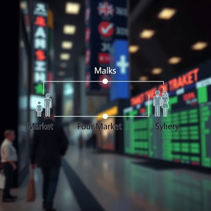 Characteristics of Four Major Market Types Diagram illustrating the characteristics of four major market types with icons representing buyers and sellers
