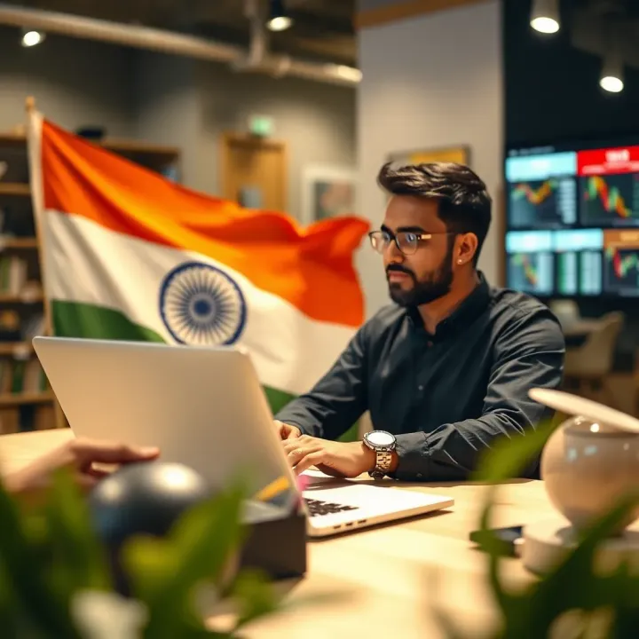 Graphic depicting a trader analyzing market trends on a laptop with Indian flag colors in the background