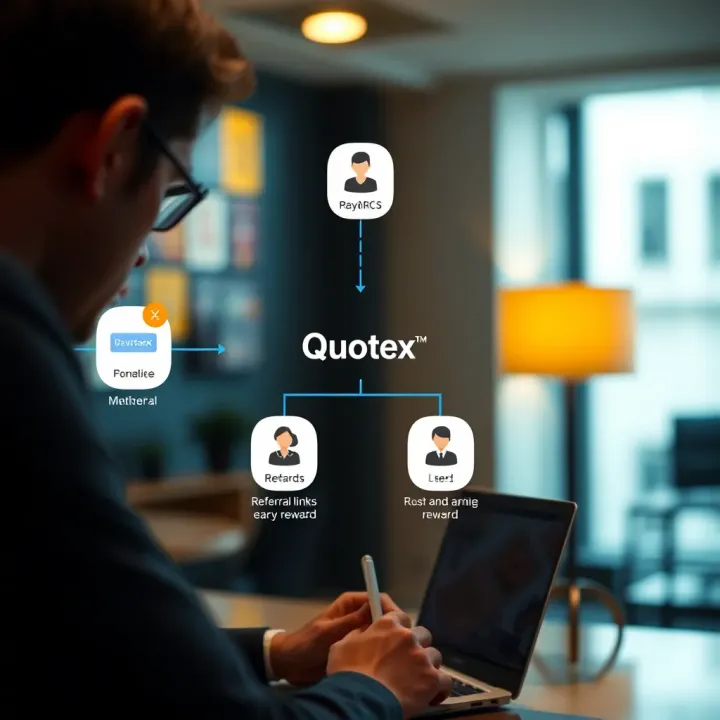 Overview of the Quotex Referral Program Mechanism Diagram showing the flow of the Quotex referral program with users sharing referral links and earning rewards