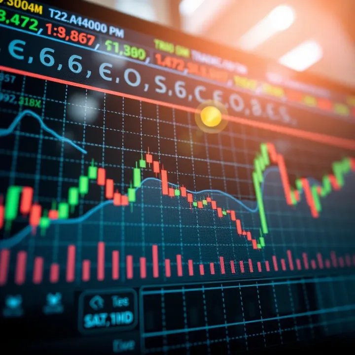 Graph showing upward and downward trends with trading signal indicators on a digital interface