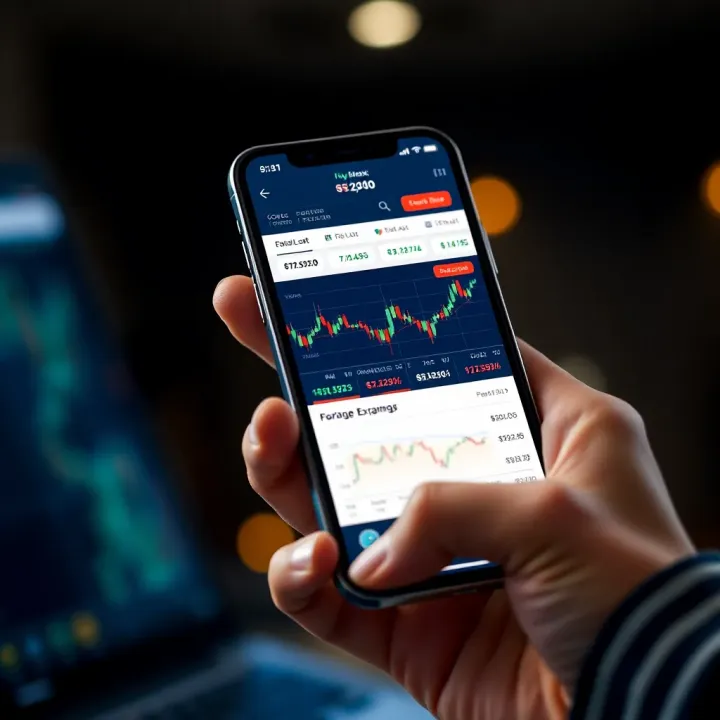 Smartphone displaying a forex trading app interface with currency exchange rates and charts