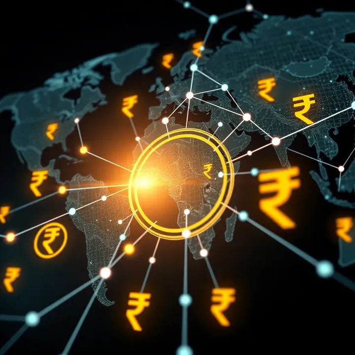 Digital representation of foreign currency exchange with Indian Rupee and global currencies symbols connected by network lines
