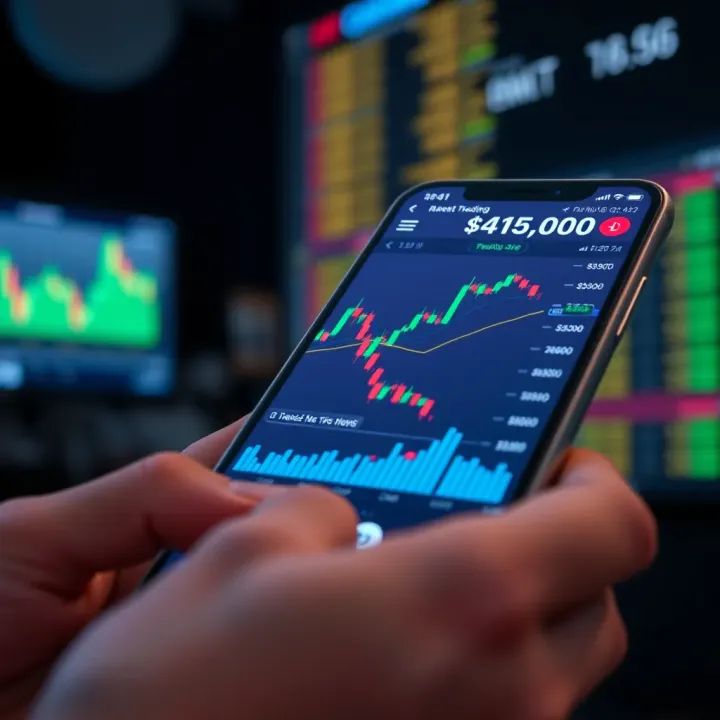 Mobile phone displaying various financial charts and trading graphs