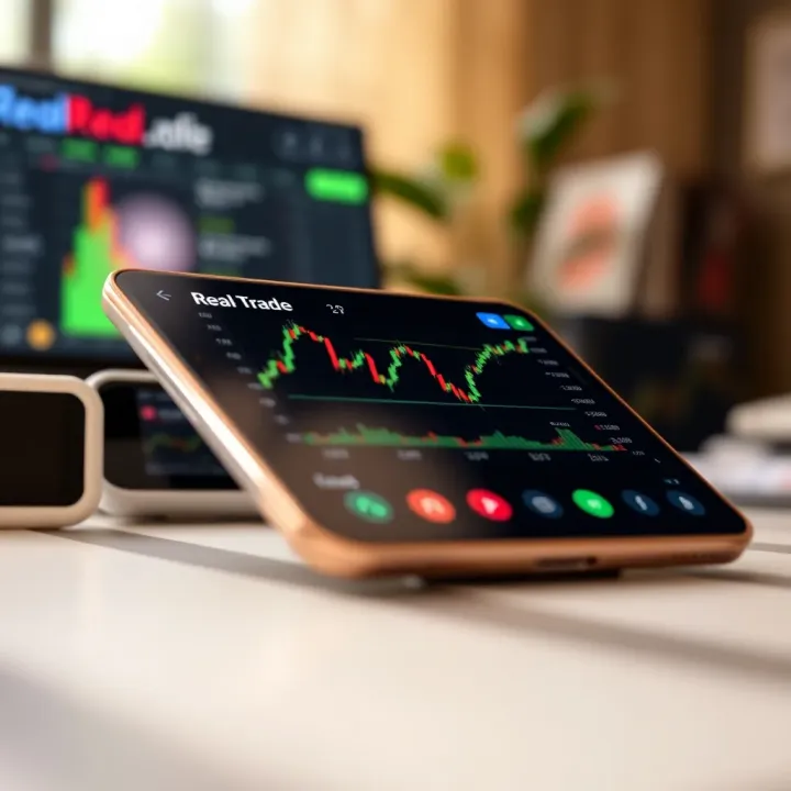 Mobile device displaying a financial trading app interface with stock charts and market data